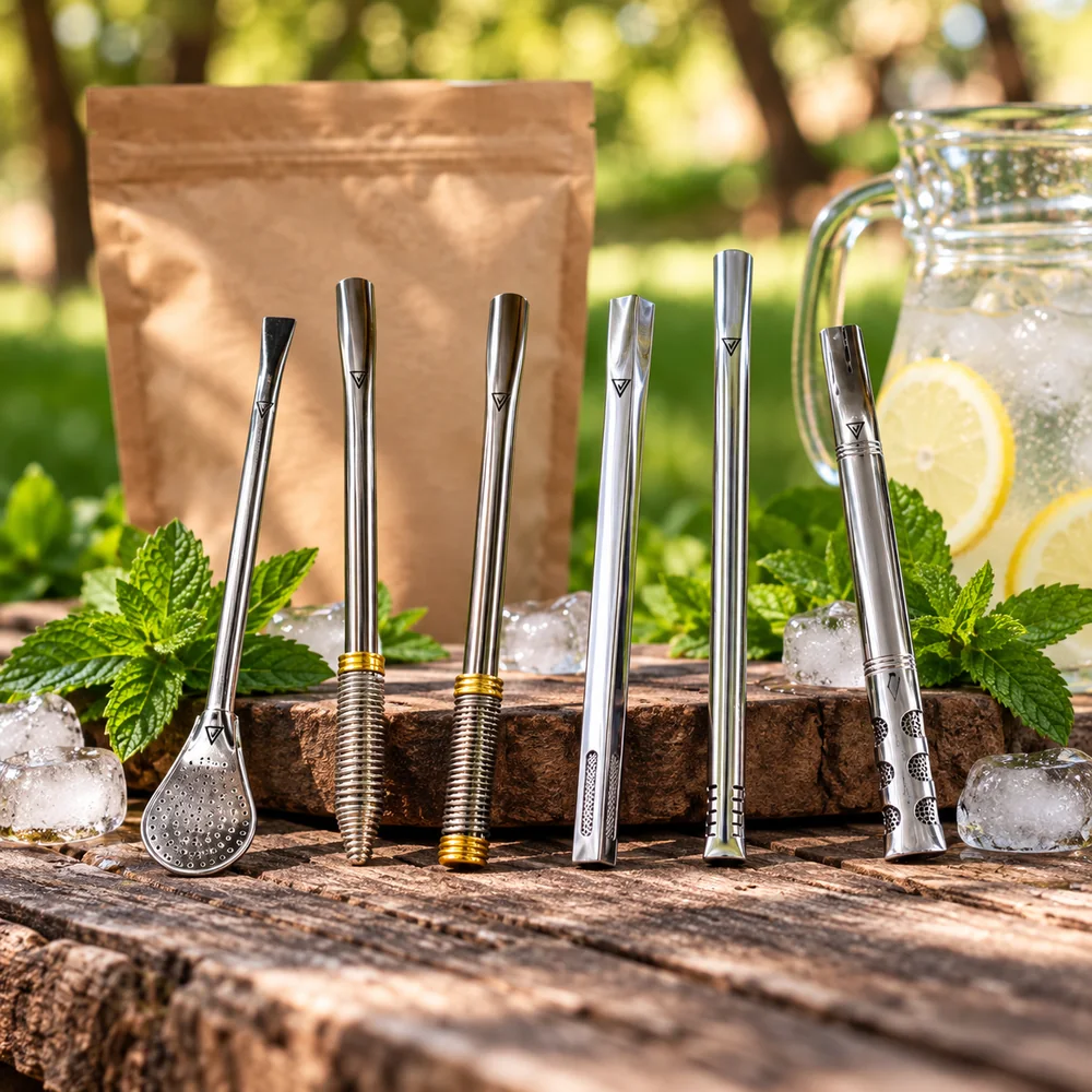 Bombas de tereré Vitenzo em inox sobre mesa de madeira, com hortelã, gelo e jarra de limonada