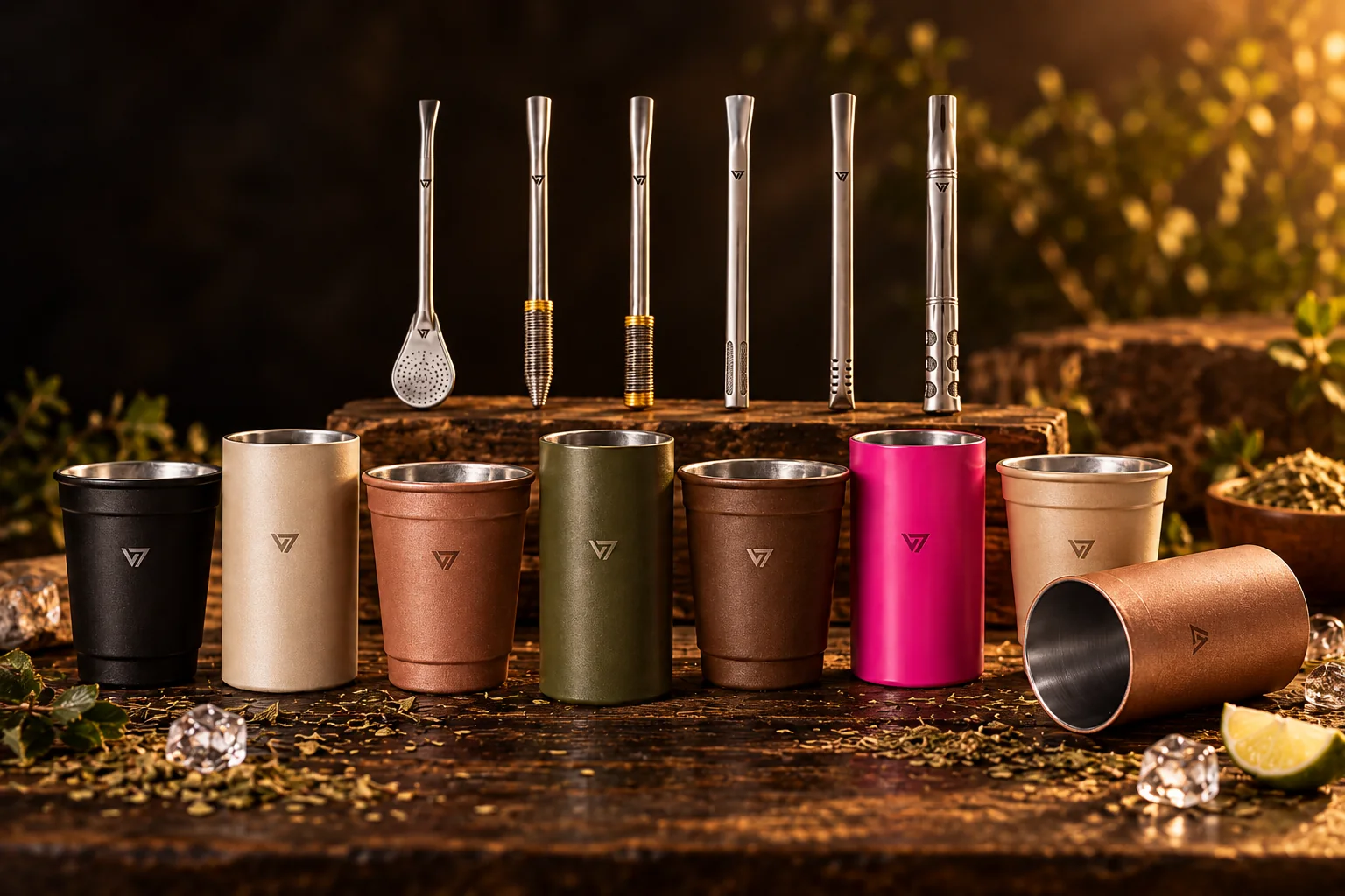 Linha Vitenzo sobre mesa de madeira: copos em nove cores e seis modelos de bomba de tereré